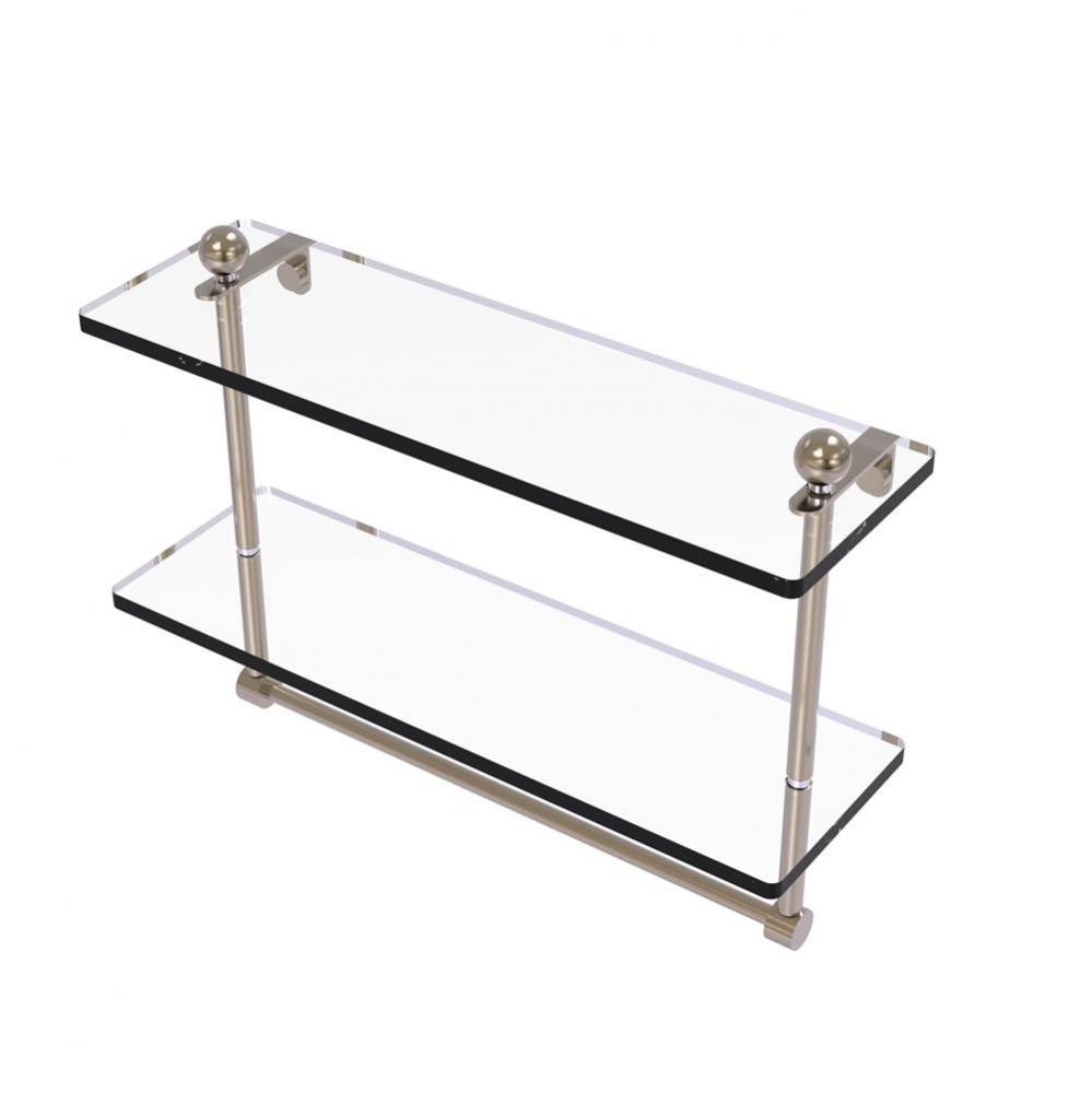 16 Inch Two Tiered Glass Shelf with Integrated Towel Bar