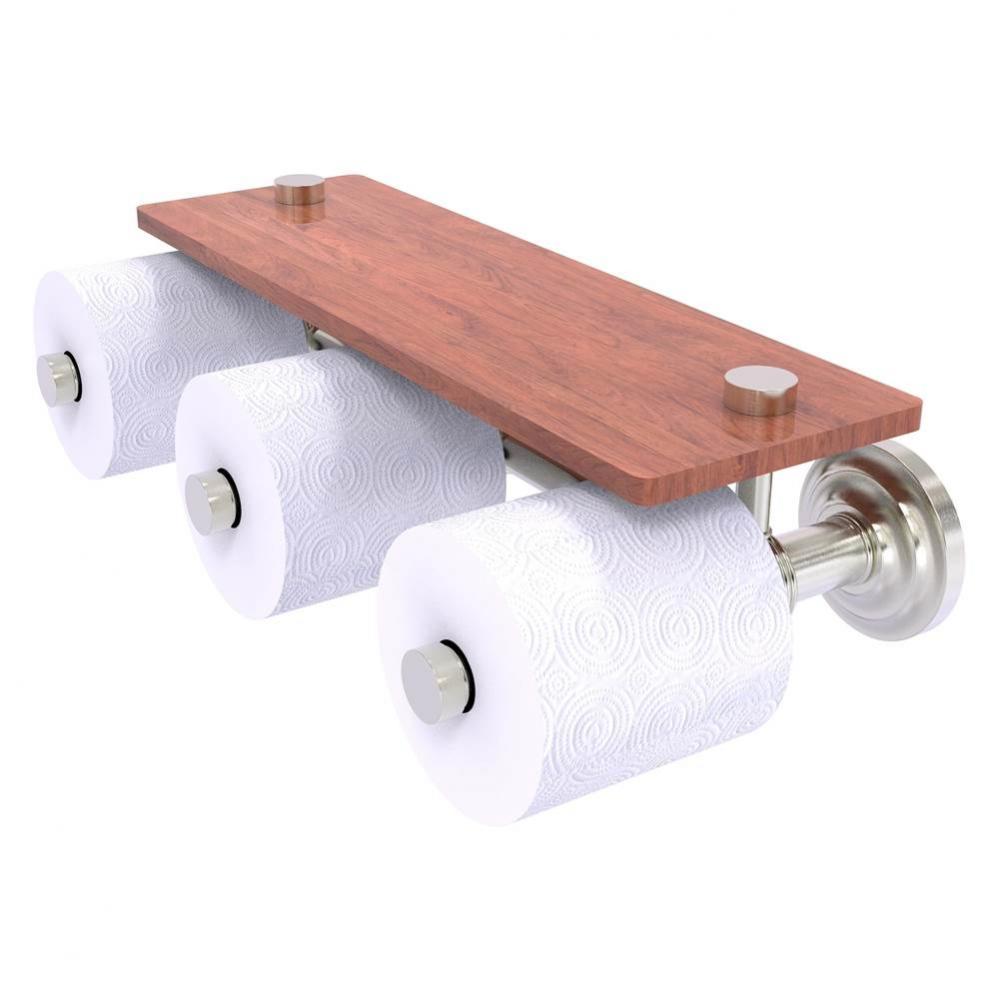 Que New Collection Horizontal Reserve 3 Roll Toilet Paper Holder with Wood Shelf - Satin Nickel