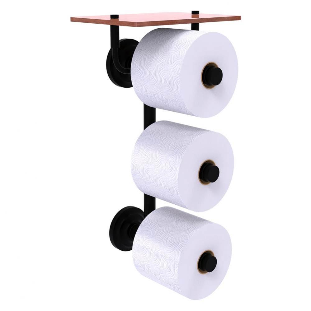 Que New Collection 3 Roll Toilet Paper Holder with Wood Shelf - Matte Black