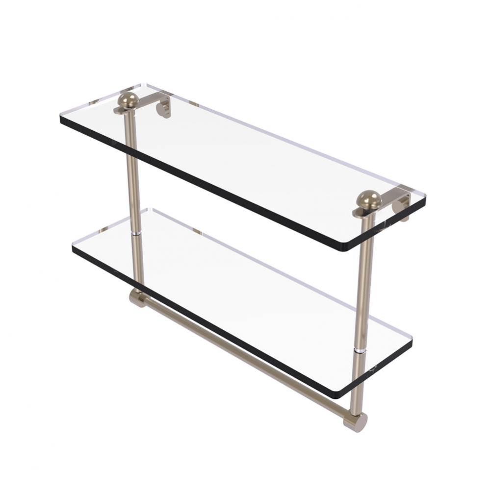 16 Inch Two Tiered Glass Shelf with Integrated Towel Bar