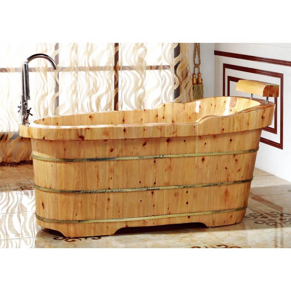 61'' Free Standing Cedar Wooden Bathtub with Fixtures & Headrest