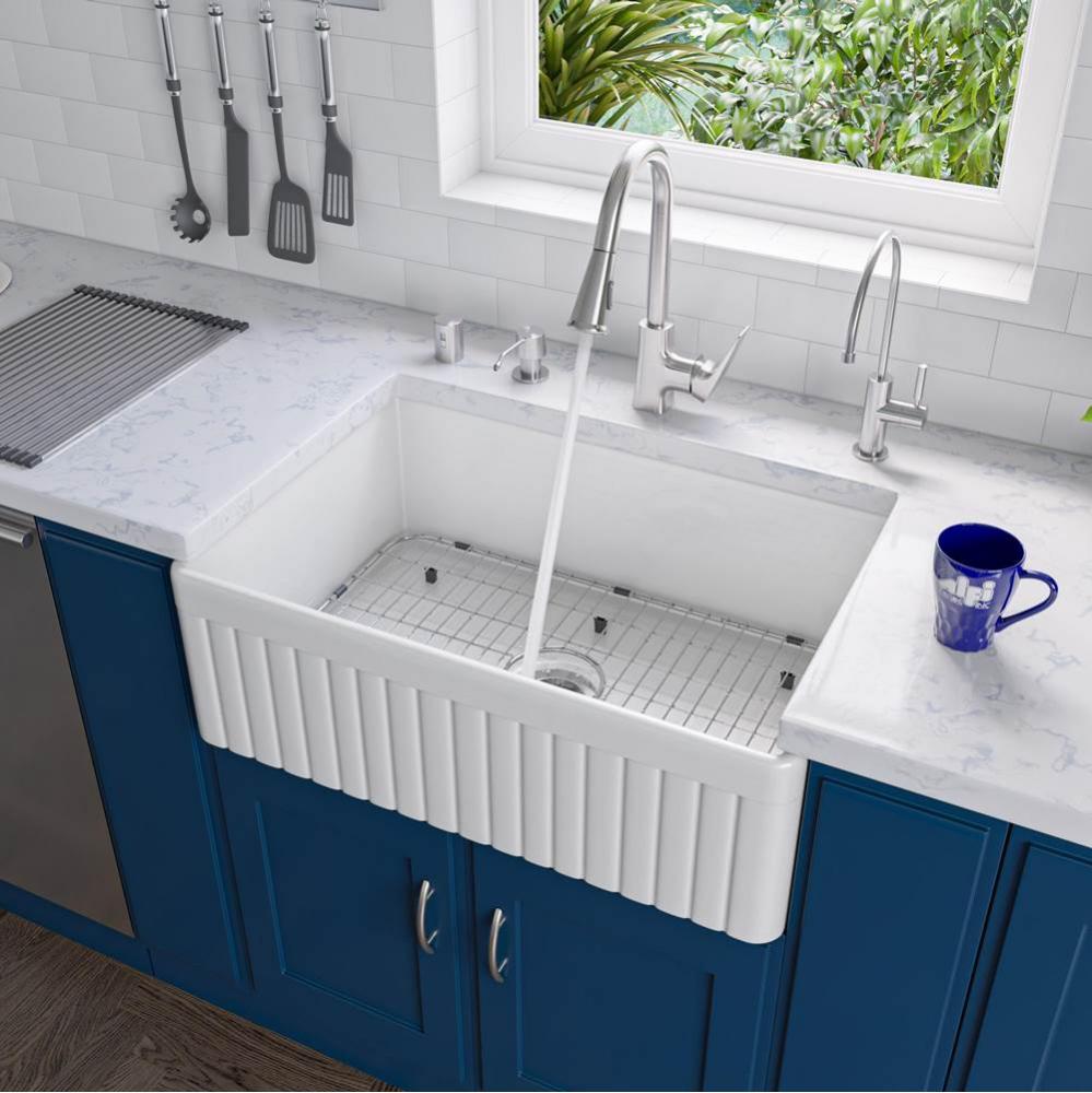 White 30'' Fluted Apron Single Bowl Fireclay Farmhouse Kitchen Sink