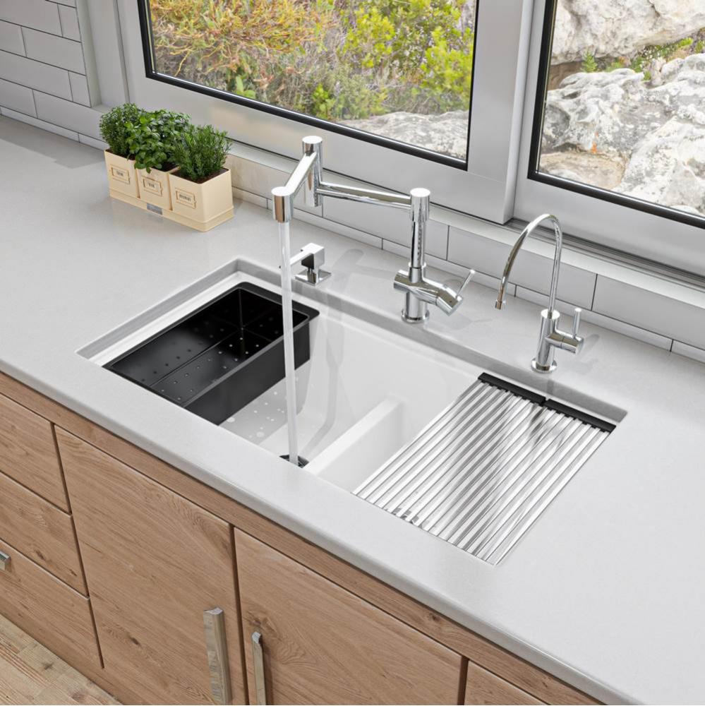 White 33'' Granite Composite Workstation Step Rim Double Bowl Undermount Sink with Acces