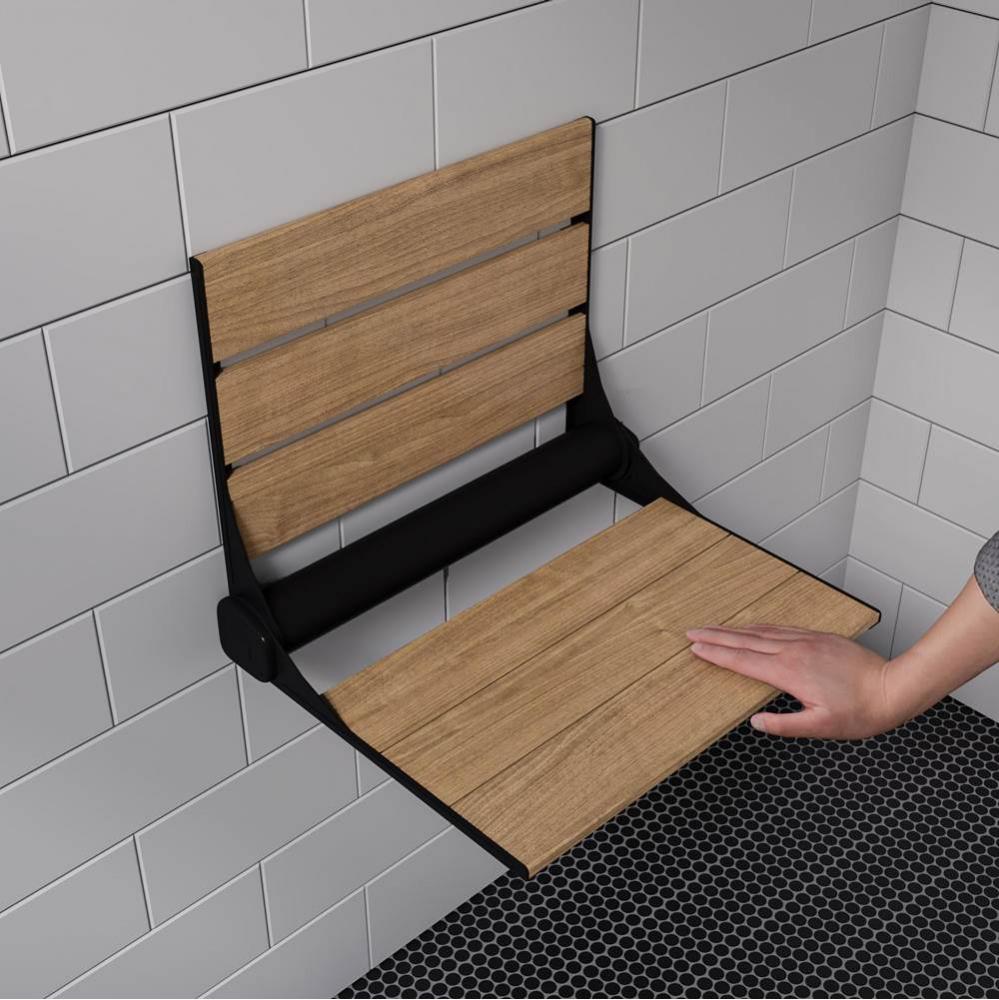 Black Matte 17'' Wide Foldable Teak Shower Seat with Backrest