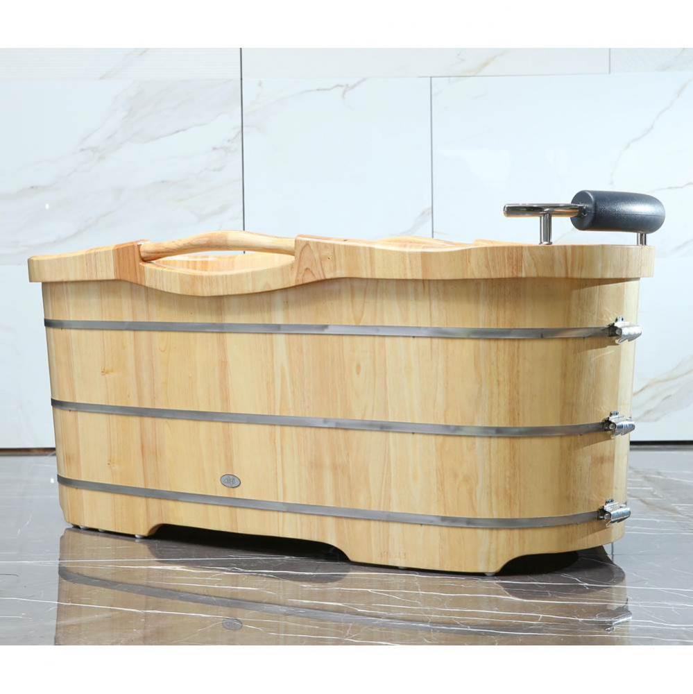 61'' Free Standing Wooden Bathtub with Cushion Headrest