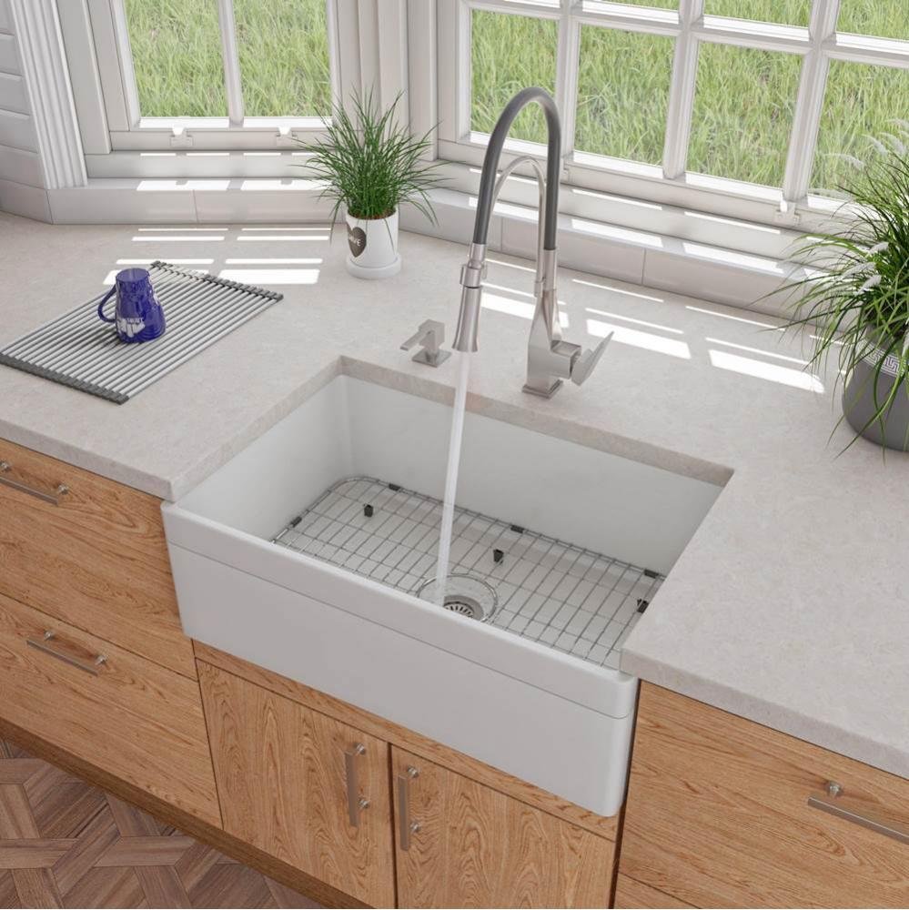 White 30'' Decorative Lip Apron Single Bowl Fireclay Farmhouse Kitchen Sink