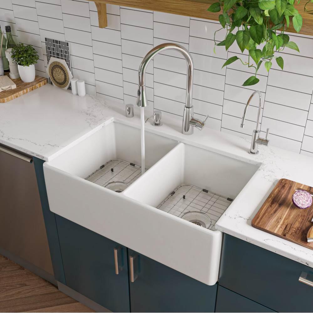 White 32'' Smooth Apron Double Bowl Fireclay Farmhouse Kitchen Sink