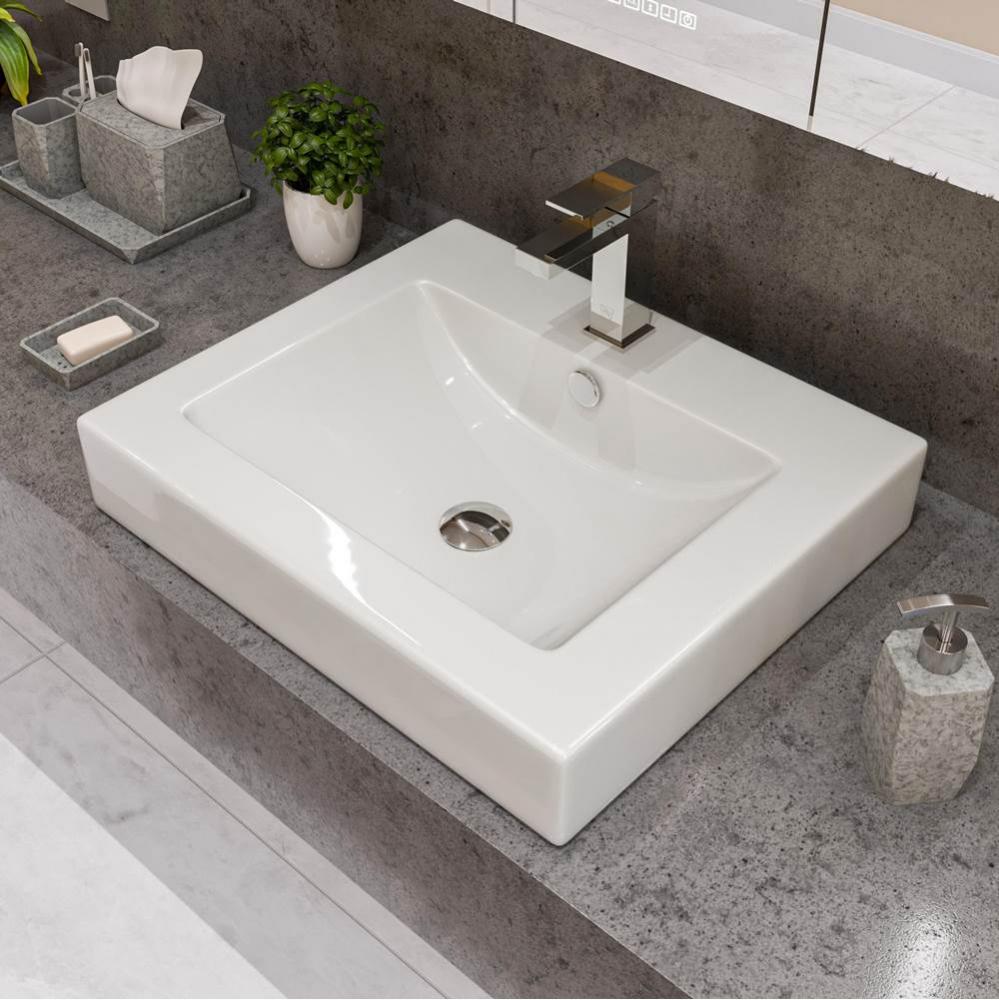 ALFI brand ABC701 White 24'' Rectangular Semi Recessed Ceramic Sink with Faucet Hole