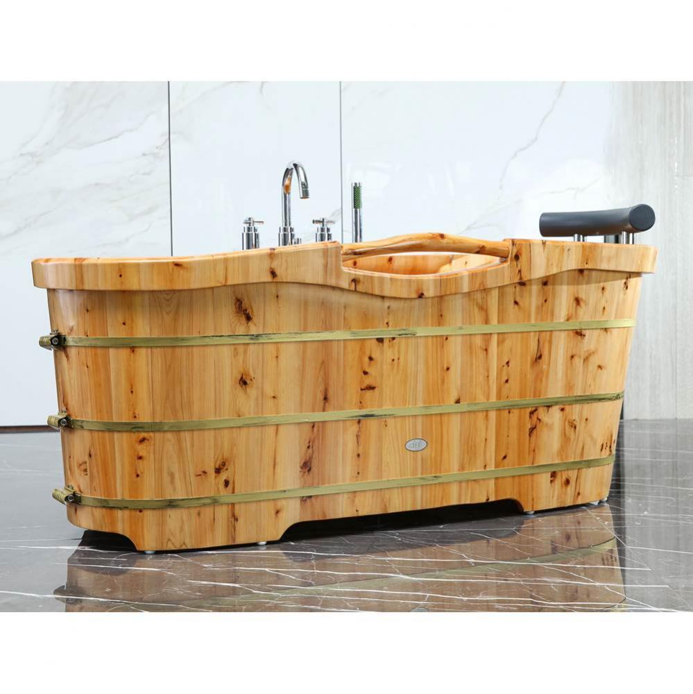 61'' Free Standing Cedar Wooden Bathtub with Chrome Tub Filler