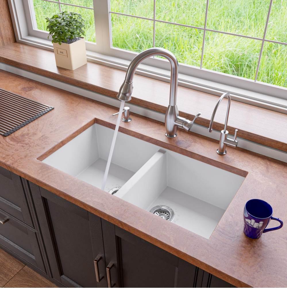 White 34'' Undermount Double Bowl Granite Composite Kitchen Sink