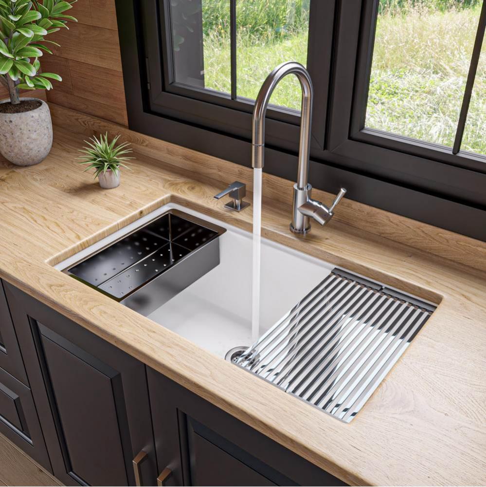 White 33'' Granite Composite Workstation Step Rim Single Bowl Undermount Sink with Acces