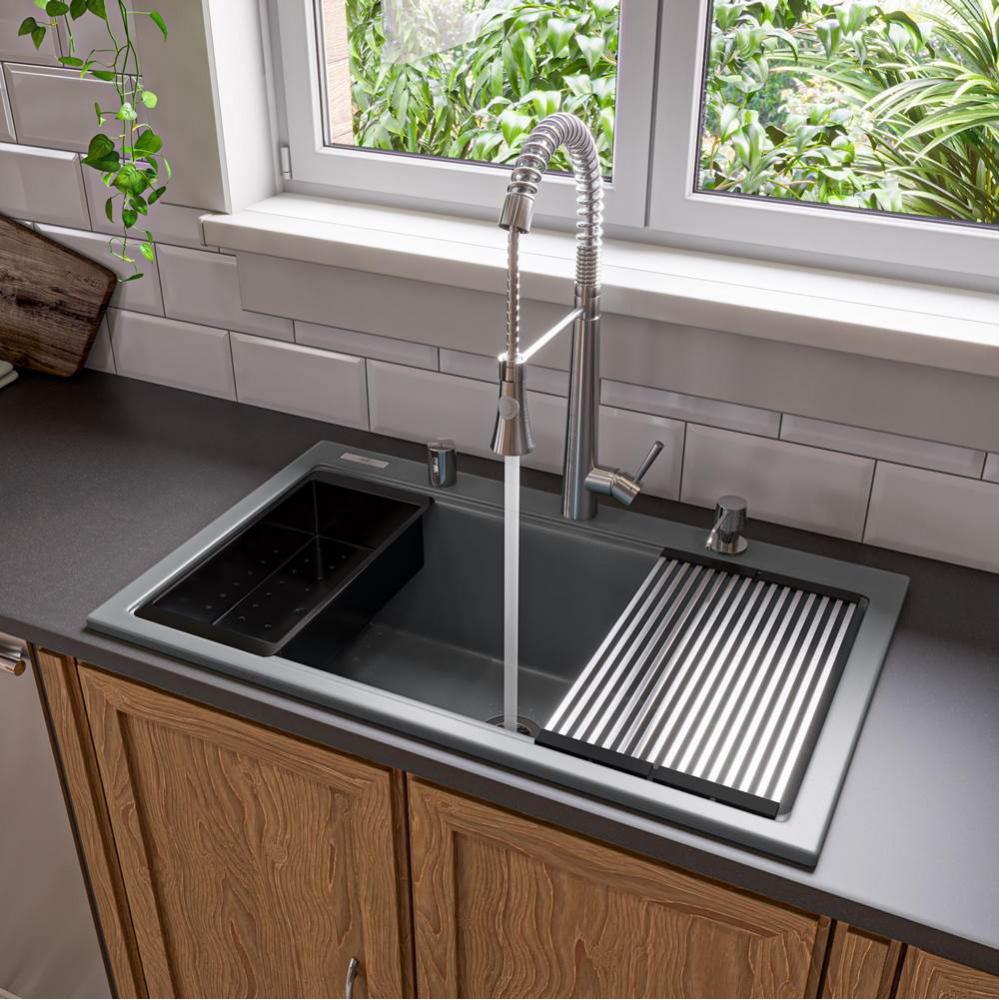 Titanium 33'' Granite Composite Workstation Step Rim Single Bowl Drop In Sink with Acces