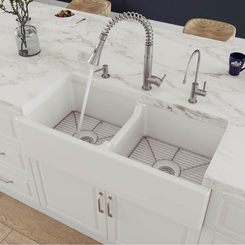 39'' White Smooth Apron Thick Wall Fireclay Double Bowl Farm Sink