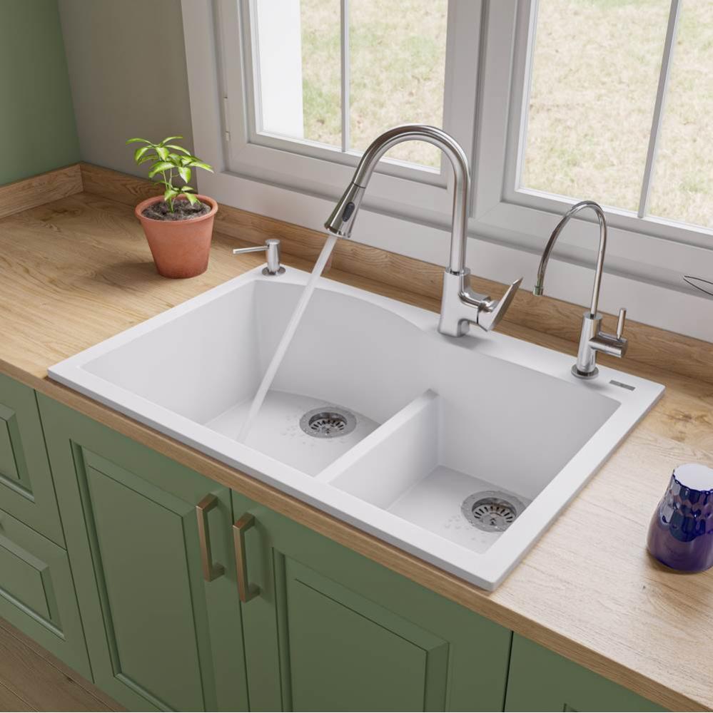 White 33'' Double Bowl Drop In Granite Composite Kitchen Sink