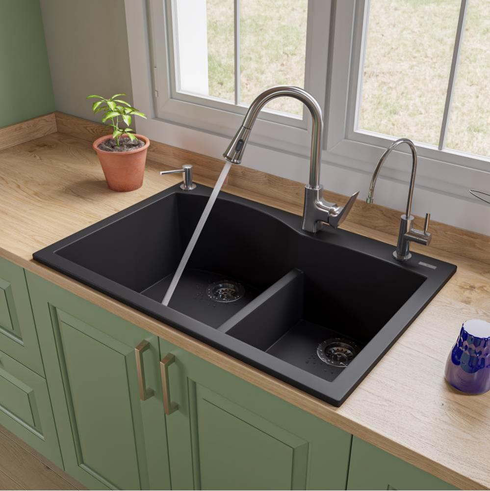 Black 33'' Double Bowl Drop In Granite Composite Kitchen Sink