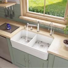 Alfi Trade AB512-W - White 32'' Double Bowl Lip Apron Fireclay Farmhouse Kitchen Sink with 1 3/4''