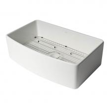 Alfi Trade ABFC3320S-W - White Smooth Curved Apron 33'' x 20'' Single Bowl Fireclay Farm Sink with Grid