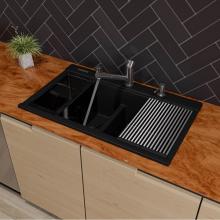 Alfi Trade AB3418DBDI-BLA - Black 33'' Granite Composite Workstation Step Rim Double Bowl Drop In Sink with Accessor