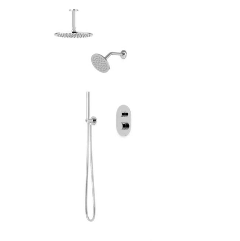 Opera Round Thermostatic Shower Trim Kit with Wall Mount Shower Head, Ceiling Mount Shower Head, H