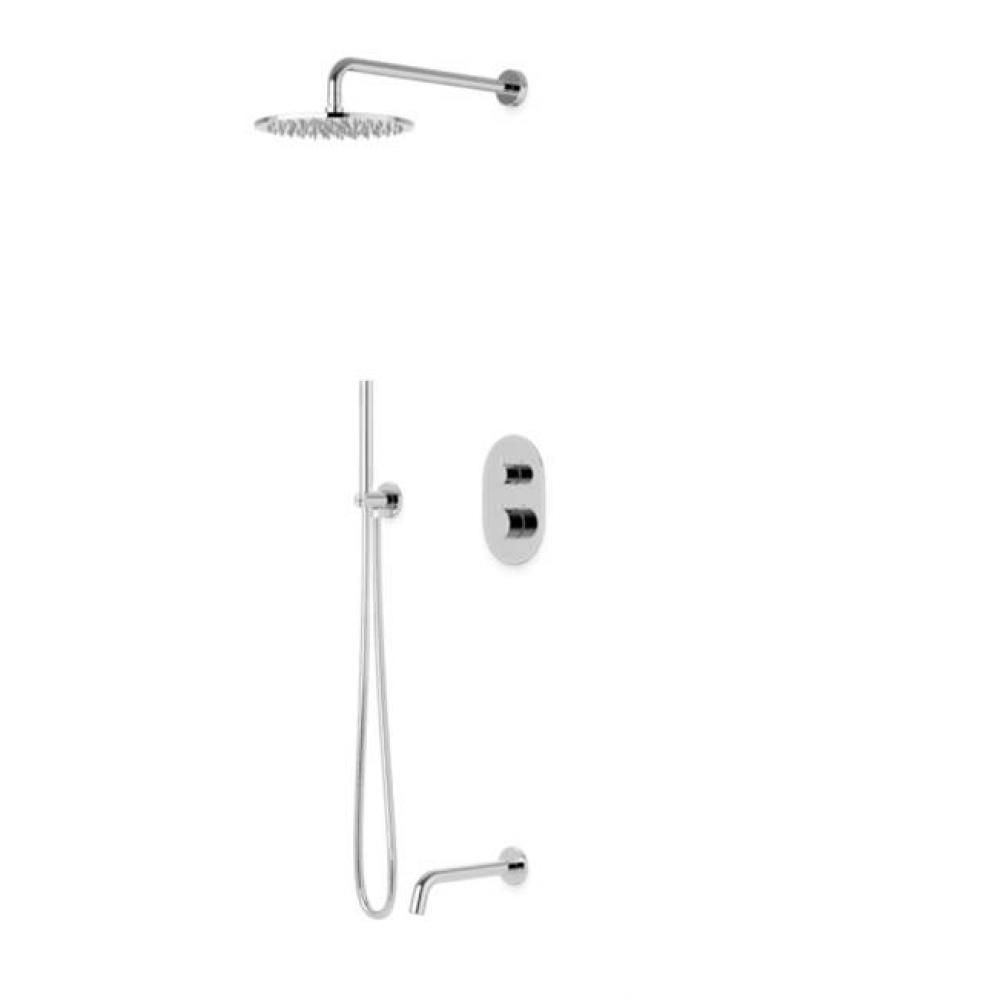 Opera Round Thermostatic Shower Trim Kit with Wall Mount Shower Head, Hand Held Shower, Tub Filler