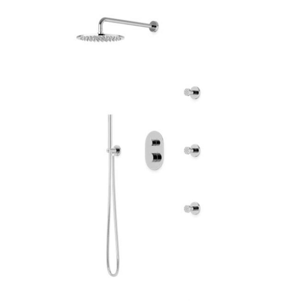 Opera Round Thermostatic Shower Trim Kit with Wall Mount Shower Head, Hand Held Shower, Body Jets