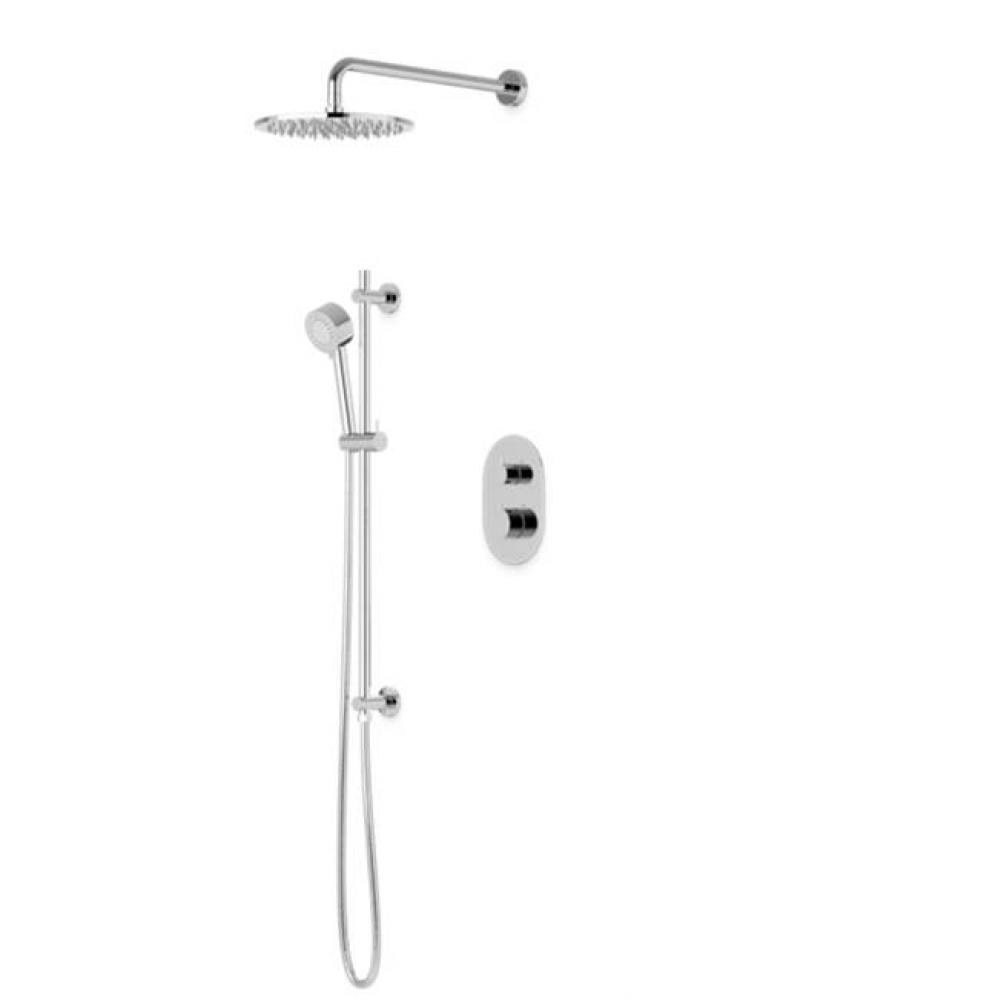 Opera Round Thermostatic Shower Trim Kit with Wall Mount Shower Head, Hand Held Shower on Slide Ba