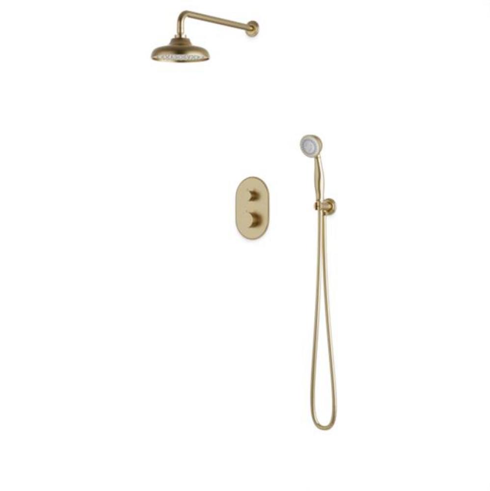 Classic Thermostatic Shower Trim Kit with Wall Mount Shower Head, Hand Held Shower Satin Brass