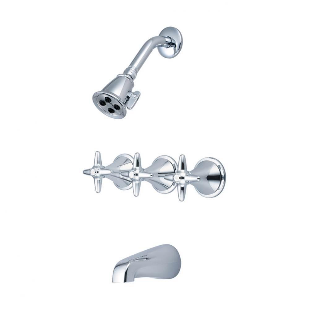 Tub & Shower Trim-3 Cross Hdl Dual Func Shwrhead Cuttable Stem W/Nipple Combo Spt-Pc