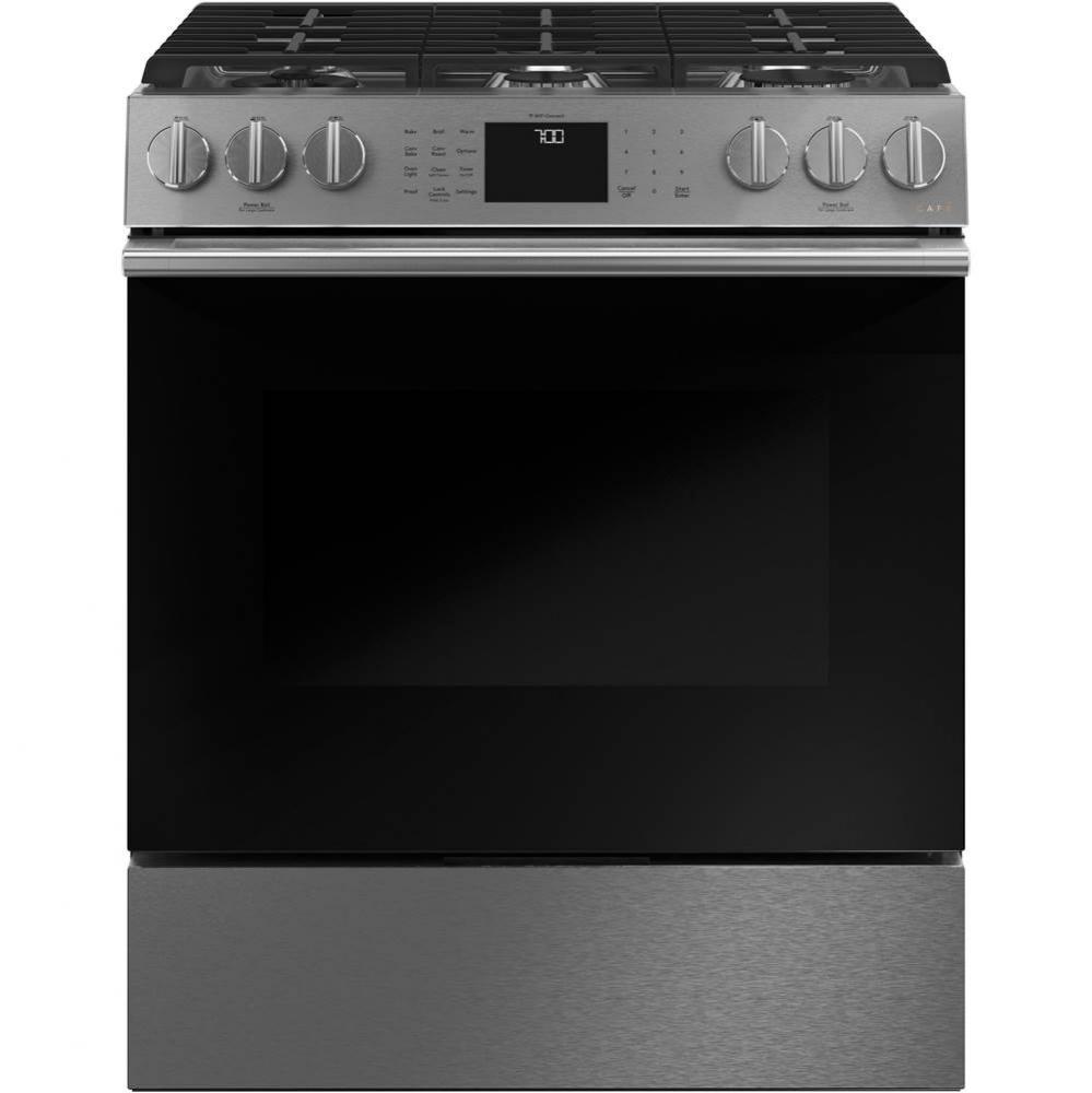 Cafe 30'' Smart Slide-In, Front-Control, Gas Range with Convection Oven in Platinum Glas