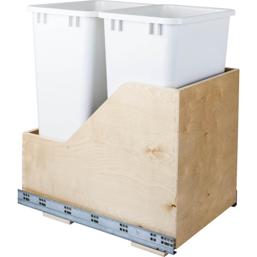 Double 50 Quart Wood Bottom-Mount Soft-close Trashcan Rollout for Hinged Doors, Includes White Can