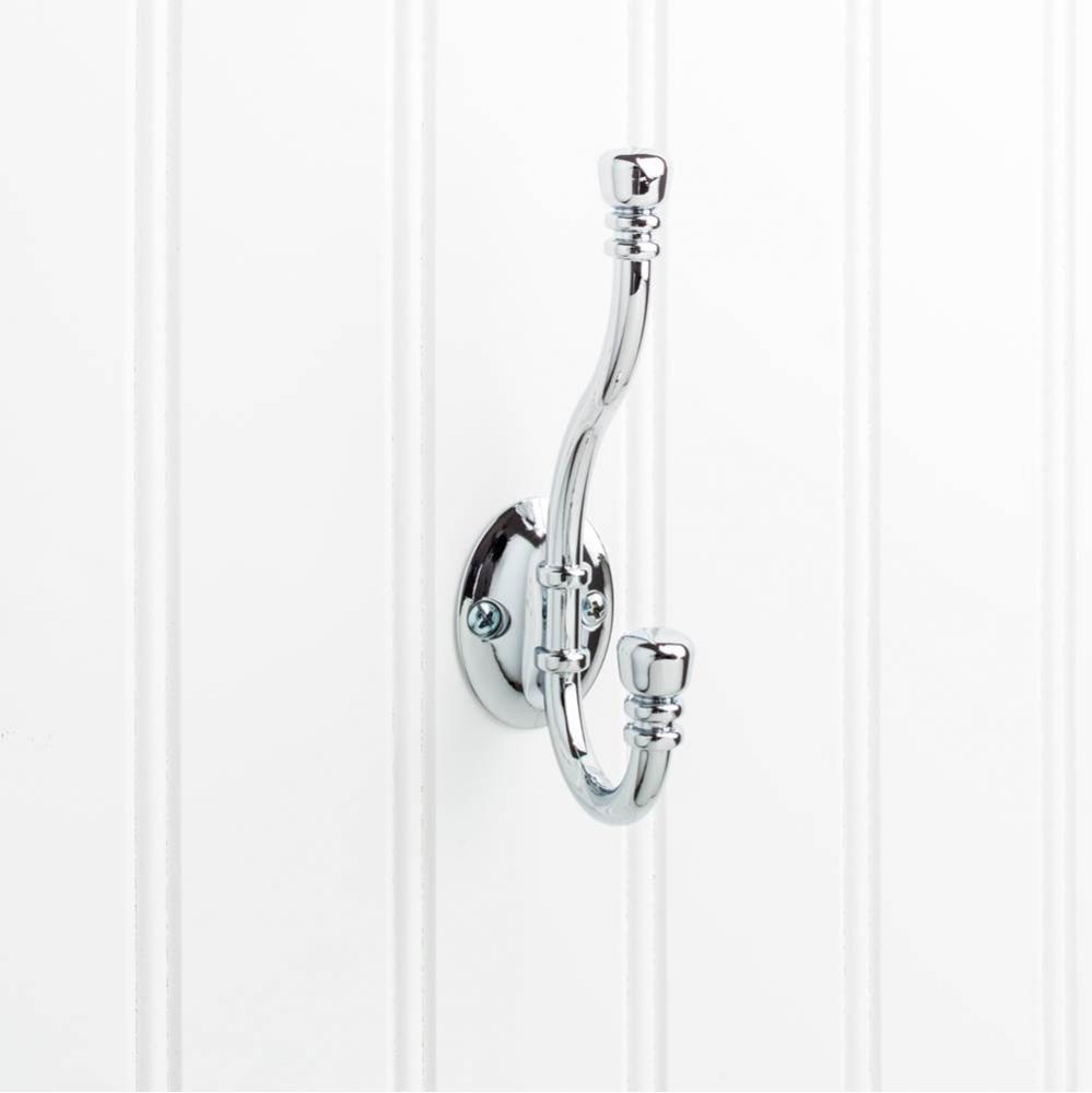 5-3/16'' Polished Chrome Ringed Contemporary Double Prong Wall Mounted Hook