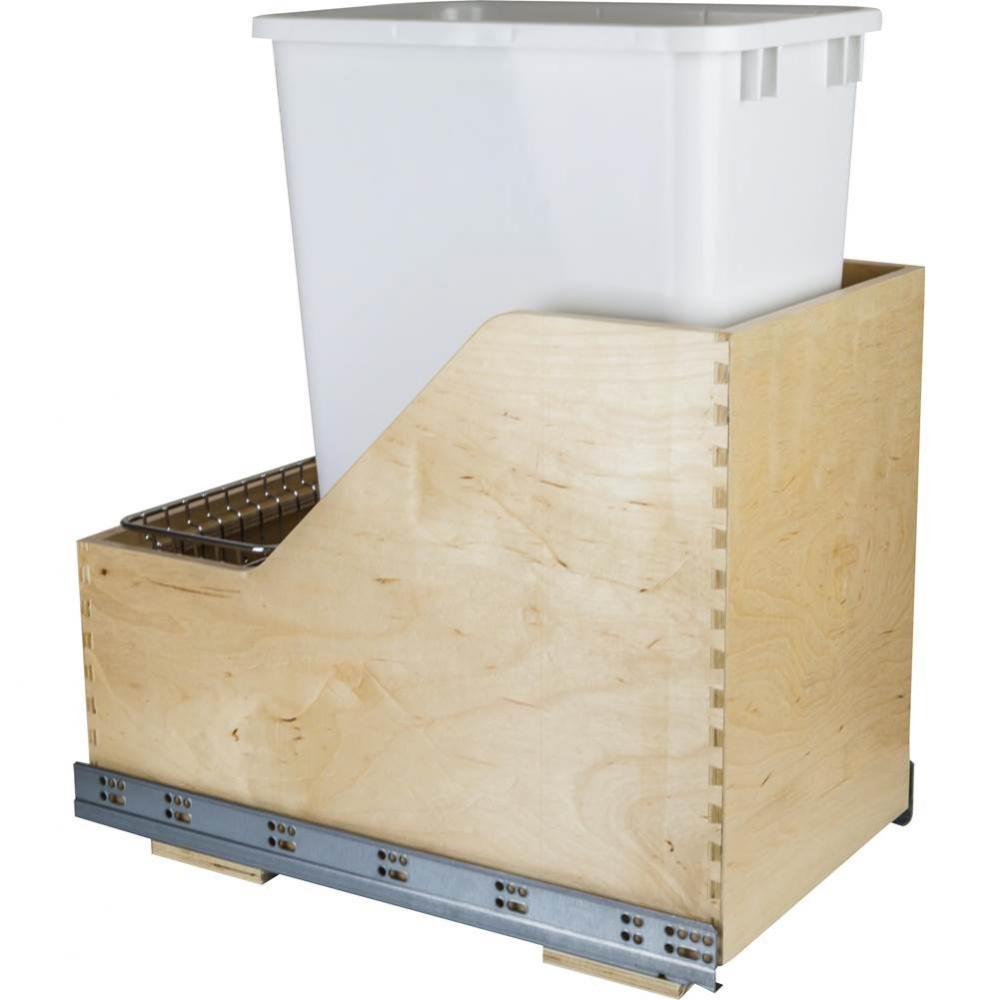 Single 50 Quart Wood Bottom-Mount Soft-close Trashcan Rollout for Hinged Doors, Includes White Can