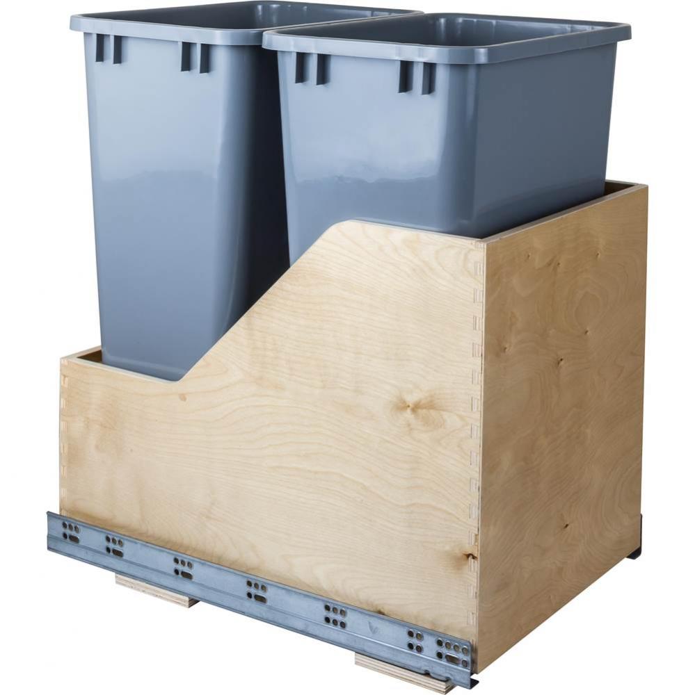 Double 50 Quart Wood Bottom-Mount Soft-close Trashcan Rollout for Hinged Doors, Includes Grey Cans