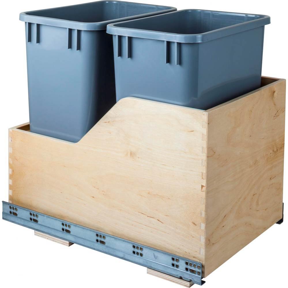 Double 35 Quart Wood Bottom-Mount Soft-close Trashcan Rollout for Hinged Doors, Includes Grey Can