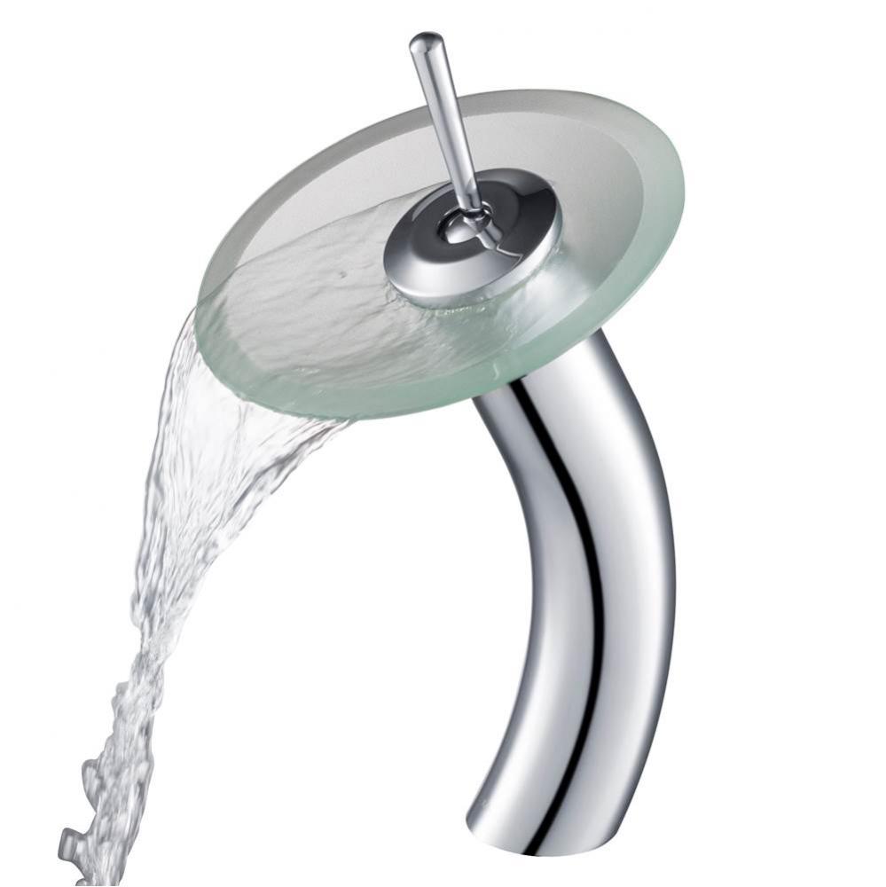 Tall Waterfall Bathroom Faucet for Vessel Sink with Frosted Glass Disk, Chrome Finish