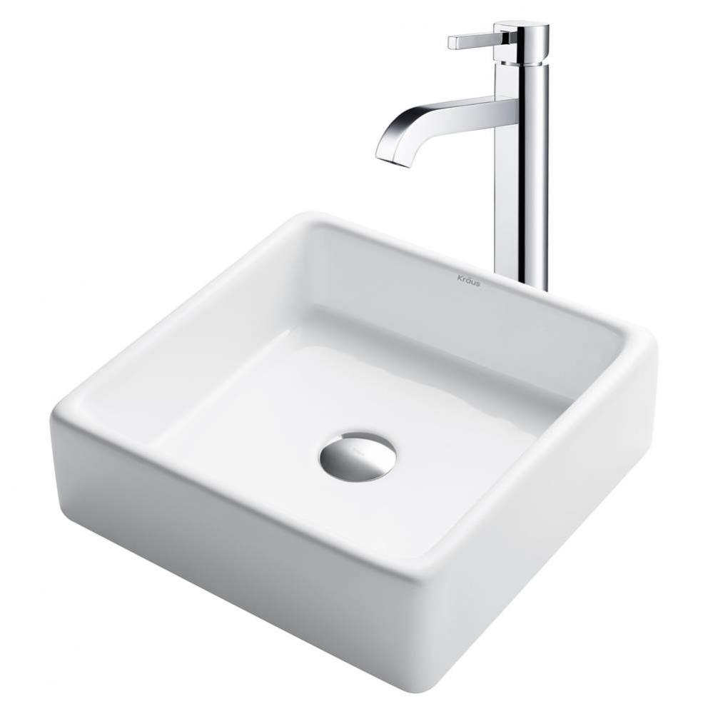 15-inch Square White Porcelain Ceramic Bathroom Vessel Sink and Ramus Faucet Combo Set with Pop-Up