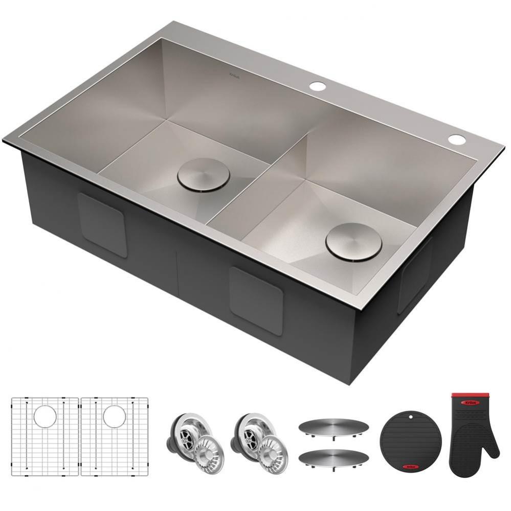 KRAUS 33 x 22 inch Pax™ Drop-In Topmount 16 Gauge Zero-Radius Double Bowl 2-Hole Stainless Steel