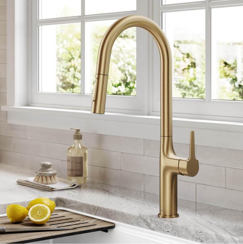 Oletto Tall Modern Pull-Down Single Handle Kitchen Faucet in Brushed Gold