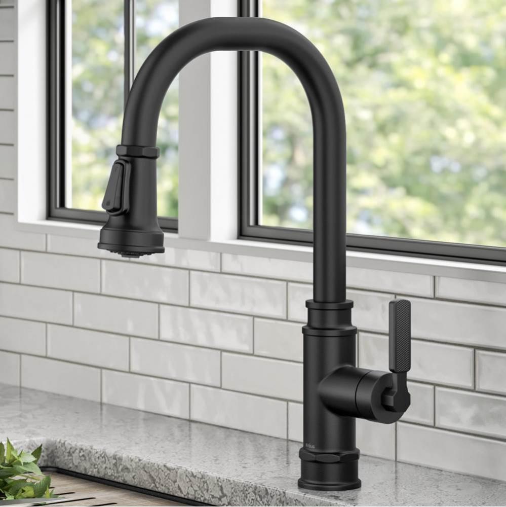 Allyn Transitional Industrial Pull Down Single Handle Kitchen Faucet In Matte Black