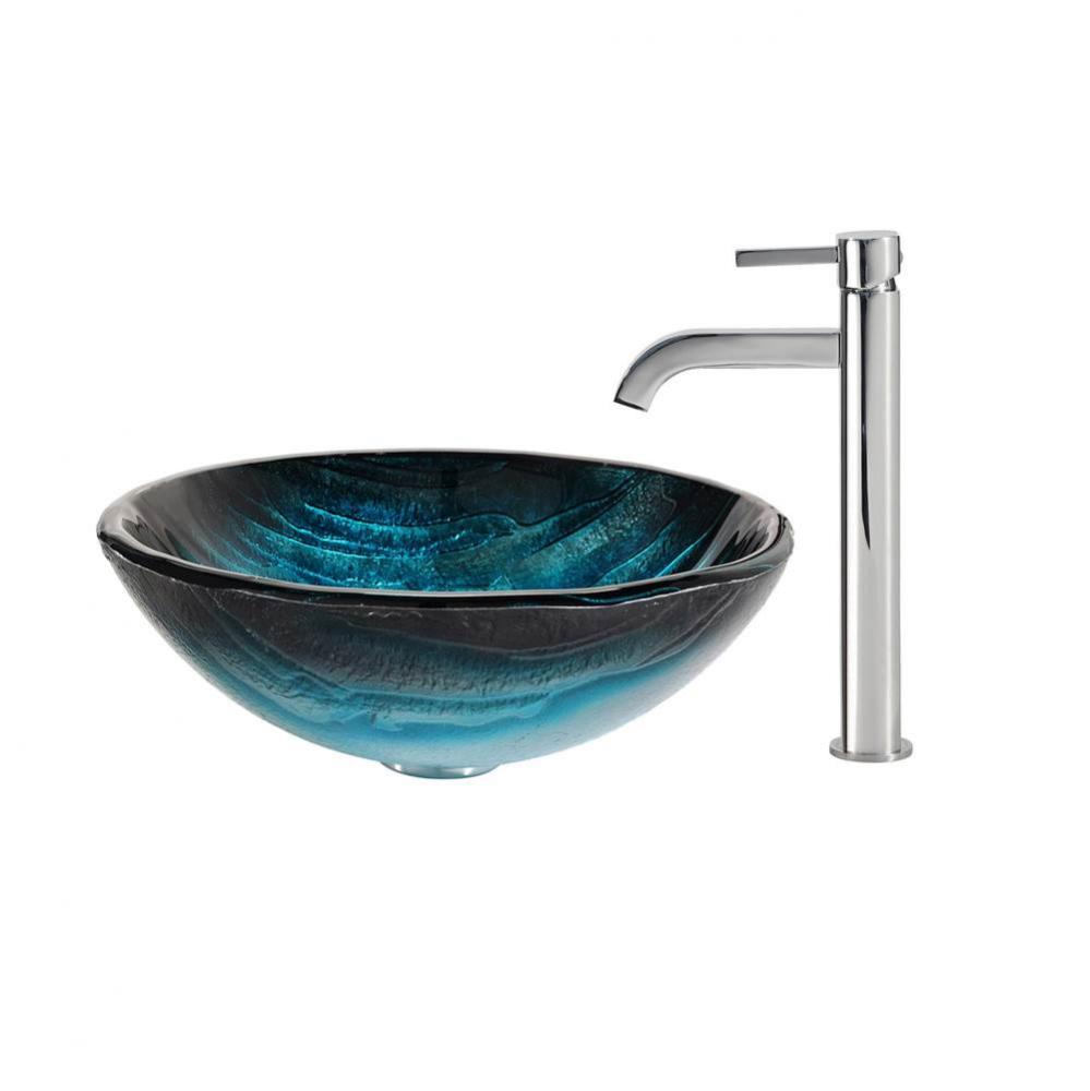 Ladon Glass Vessel Sink in Blue with Ramus Faucet in Chrome