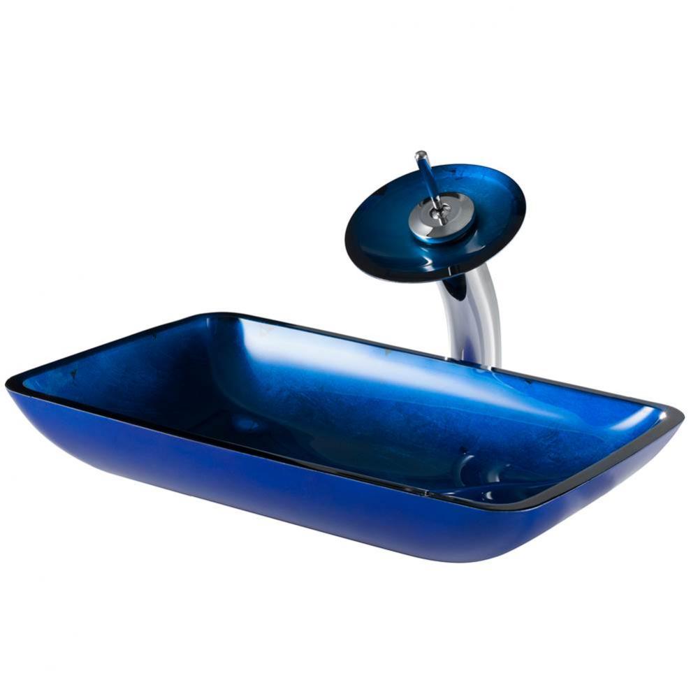 KRAUS Rectangular Blue Glass Bathroom Vessel Sink and Waterfall Faucet Combo Set with Matching Dis