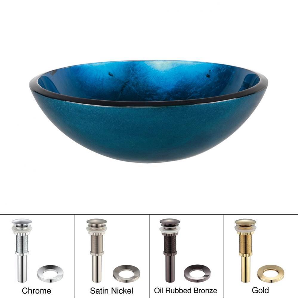 KRAUS Irruption Glass Vessel Sink in Blue with Pop-Up Drain and Mounting Ring in Satin Nickel