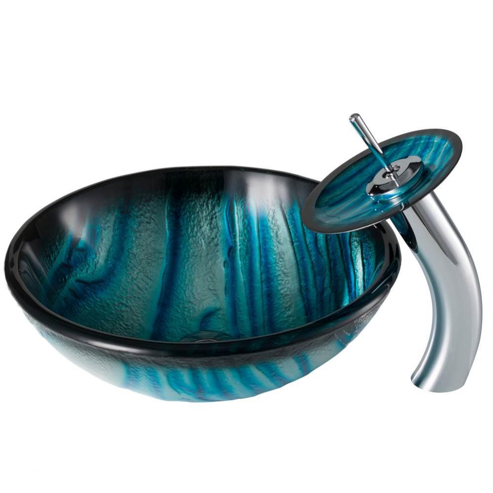 KRAUS Nature Series Blue Glass Bathroom Vessel Sink and Waterfall Faucet Combo Set with Matching D
