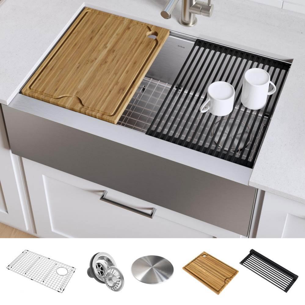 Kore™ Workstation 33-inch Farmhouse Flat Apron Front 16 Gauge Single Bowl Stainless Steel Kitche