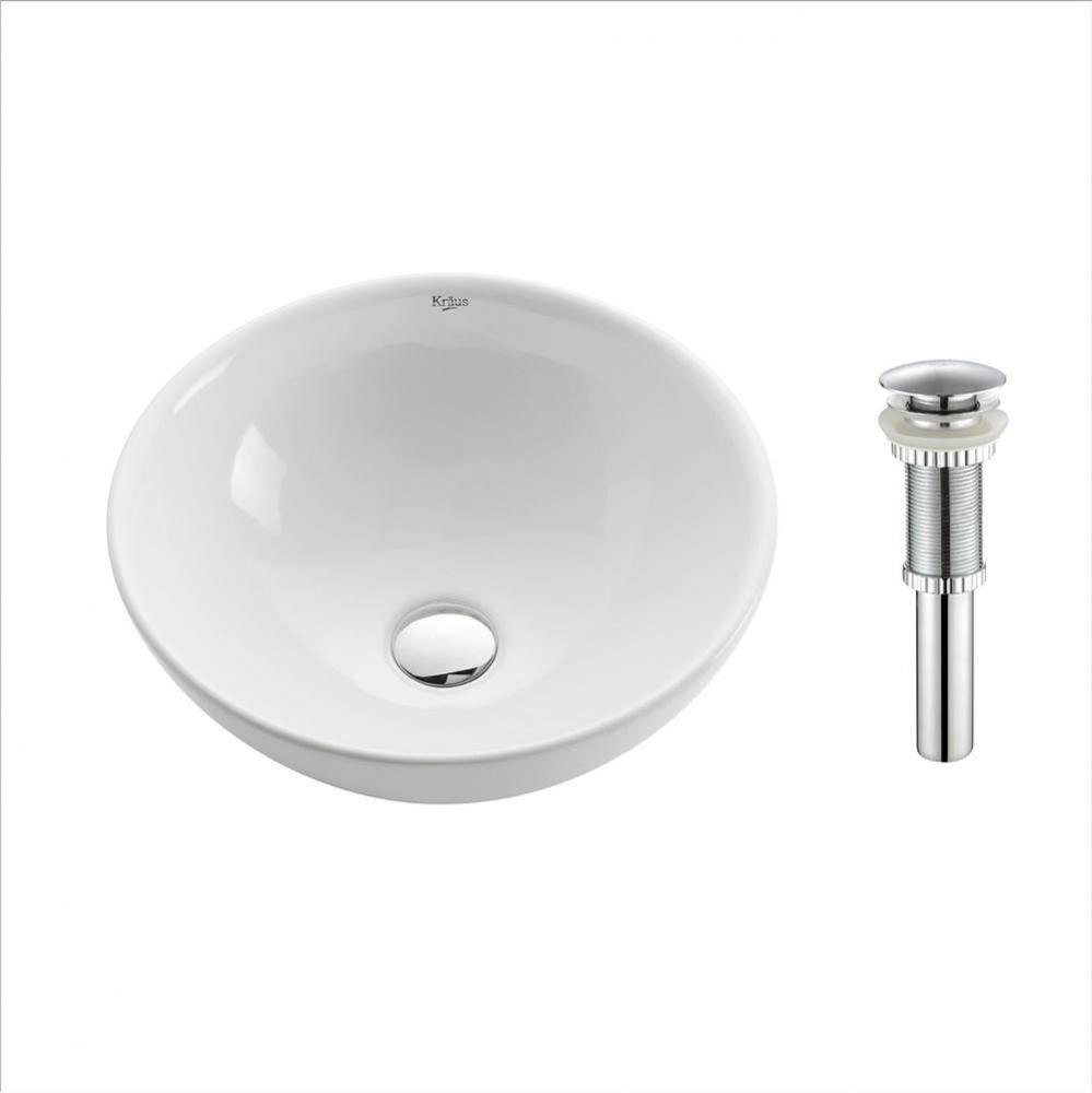 KRAUS Soft Round Ceramic Vessel Bathroom Sink in White with Pop-Up Drain in Chrome