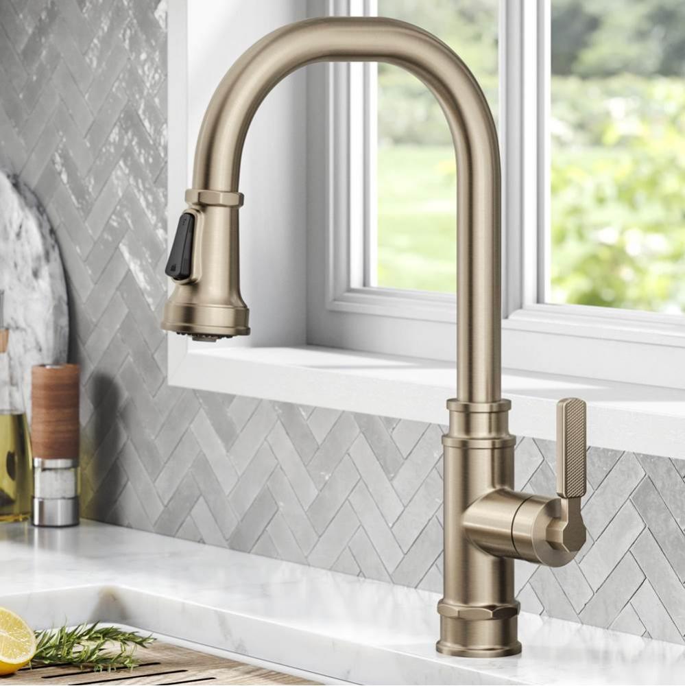 Allyn Transitional Industrial Pull Down Single Handle Kitchen Faucet In Spot Free Antique Champagn