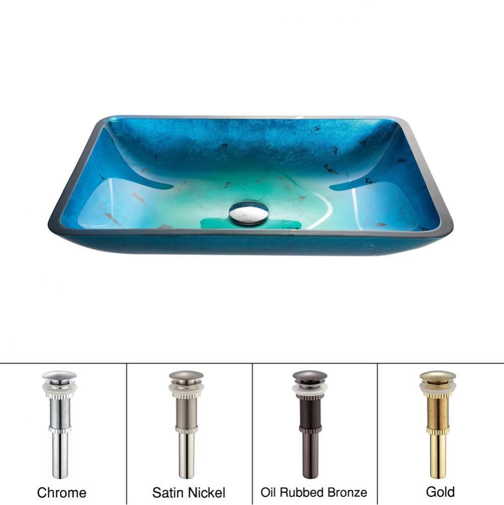 KRAUS Irruption Rectangular Glass Vessel Sink in Blue with Pop-Up Drain in Chrome