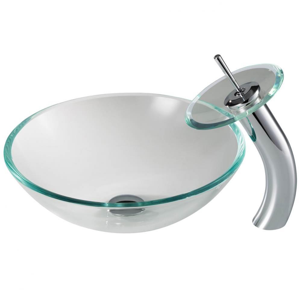 Crystal Clear Glass Bathroom Vessel Sink and Waterfall Faucet Combo Set with Matching Disk and Pop