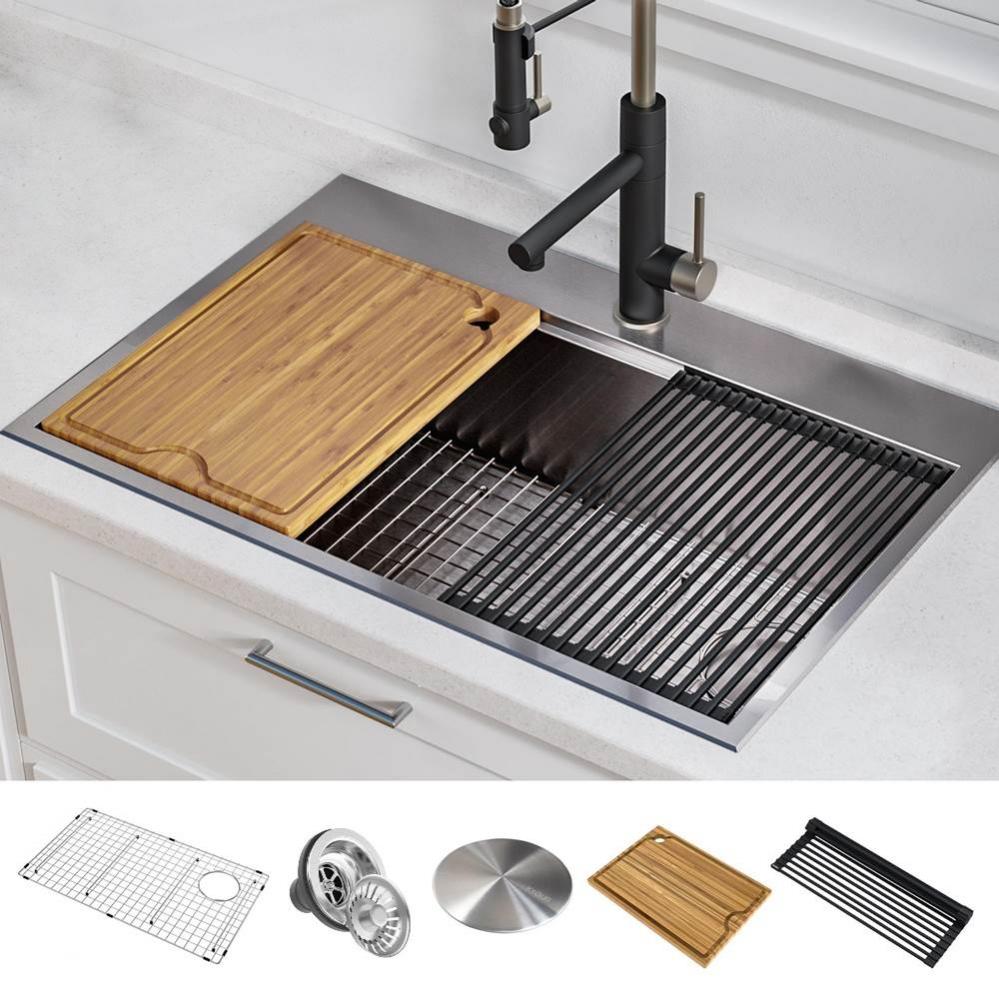 Kore Workstation 30-inch Drop-In 16 Gauge Single Bowl Stainless Steel Kitchen Sink with Accessorie