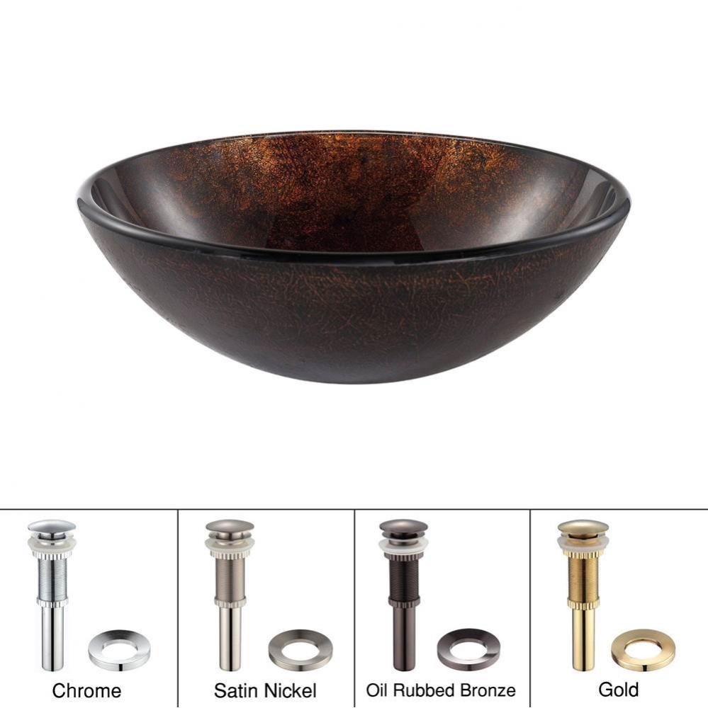 KRAUS Pluto Glass Vessel Sink in Brown with Pop-Up Drain and Mounting Ring in Oil Rubbed Bronze